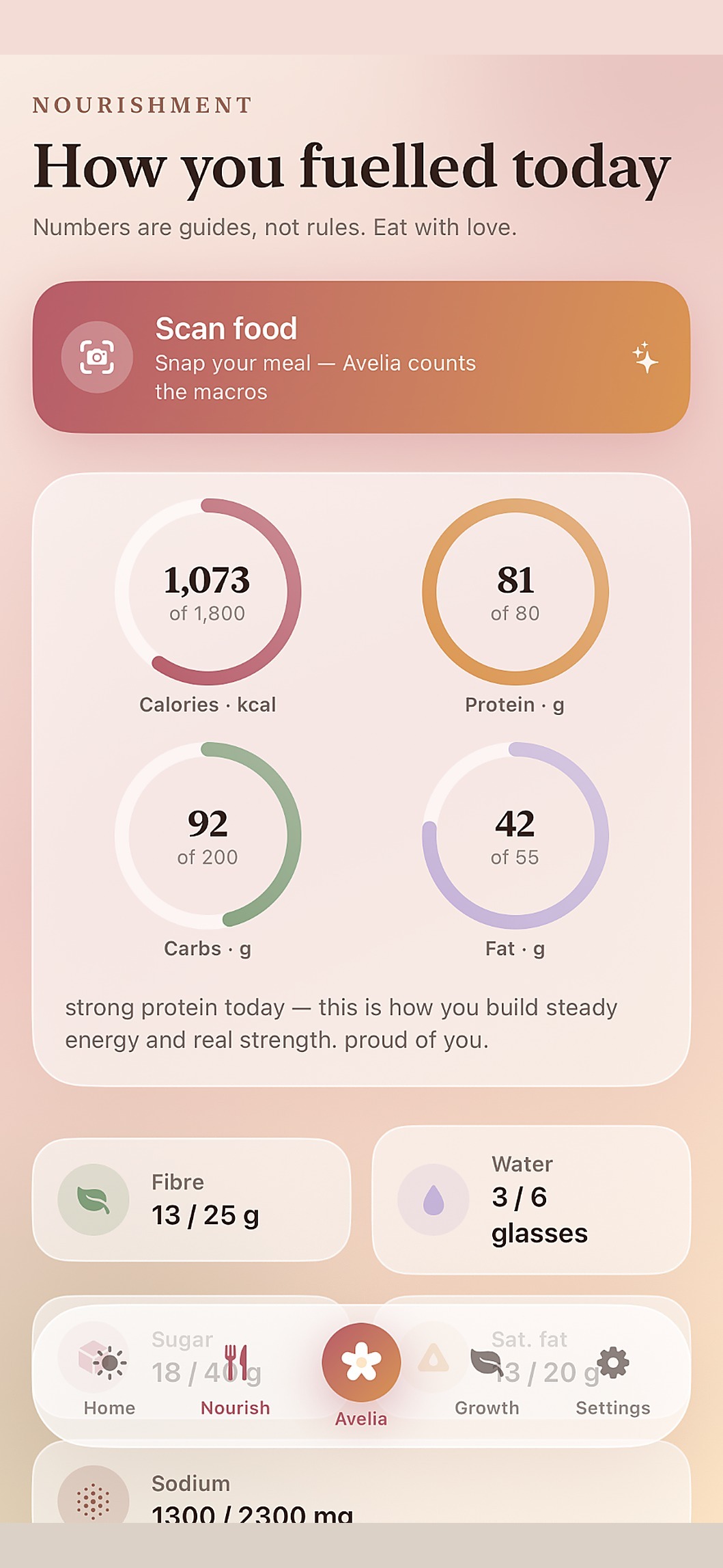 Avelia nourishment tracking screen